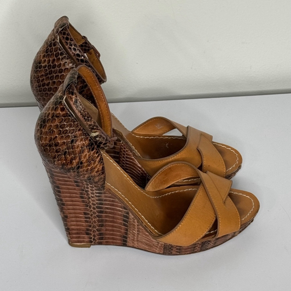 Tory Burch Brown Leather and Python Platform Wedge Ankle Strap Sandals Size 8.5 - Picture 2 of 7